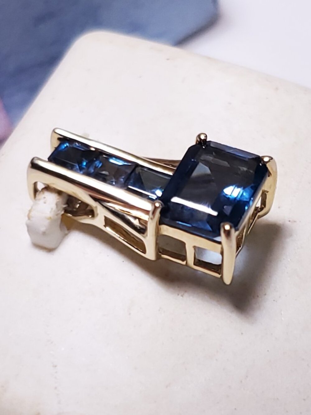 Estate 2.5ctw London Blue Topaz sideways emerald & Princess 10Kt YG Pendant25065